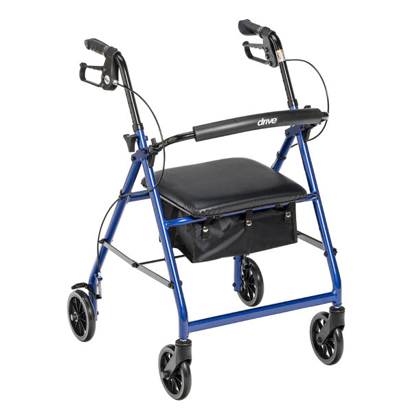 Ambulateur économique avec siège, sac de rangement et freins à main bleu