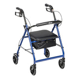 Ambulateur économique avec siège, sac de rangement et freins à main bleu